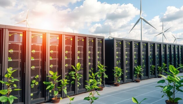 Sustainable Data Center with Wind Turbines and Green Plants.