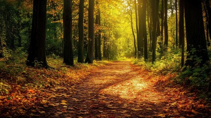 Obraz premium A tranquil forest path with fallen leaves and dappled sunlight