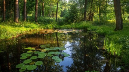 Obraz premium A tranquil forest glade with a small pond and lily pads