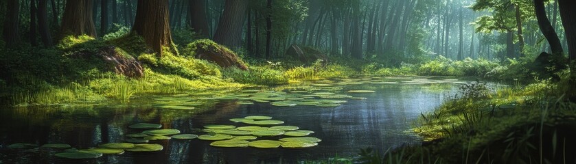 Fototapeta premium A tranquil forest glade with a small pond and lily pads