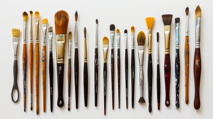 A selection of paintbrushes of various sizes and shapes, neatly arranged and isolated on a white background, highlighting their utility for different painting techniques.
