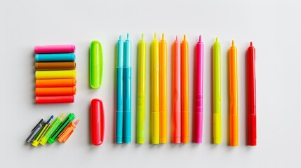 Fototapeta premium A set of colorful markers and highlighters on a white background, arranged in an organized manner.