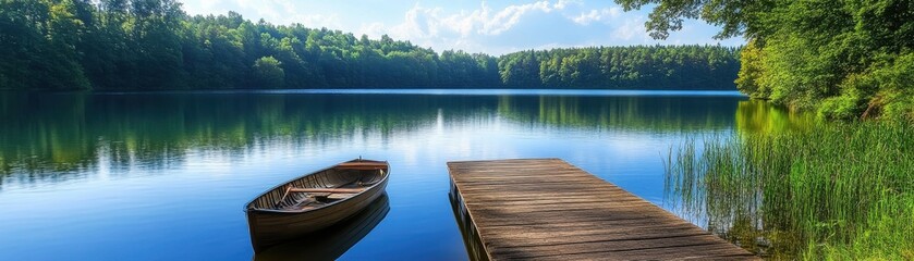 Obraz premium A serene lakeside view with a wooden dock and a rowboat