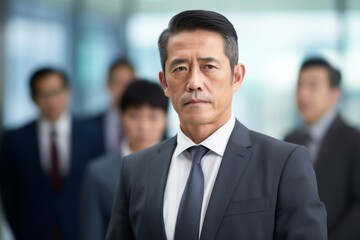 Fototapeta premium A serious businessman in a suit stands in the foreground with a team in the background, showcasing leadership and teamwork in a corporate setting..