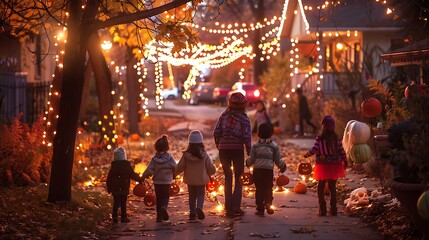 Children Trick-or-Treating on a Halloween Night