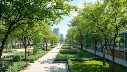 Obraz premium Modern Urban Park with Green Trees and Pathways.