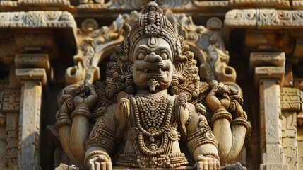 Fototapeta premium Close-up of an intricately carved stone sculpture depicting a Hindu deity, showcasing detailed craftsmanship and cultural heritage..