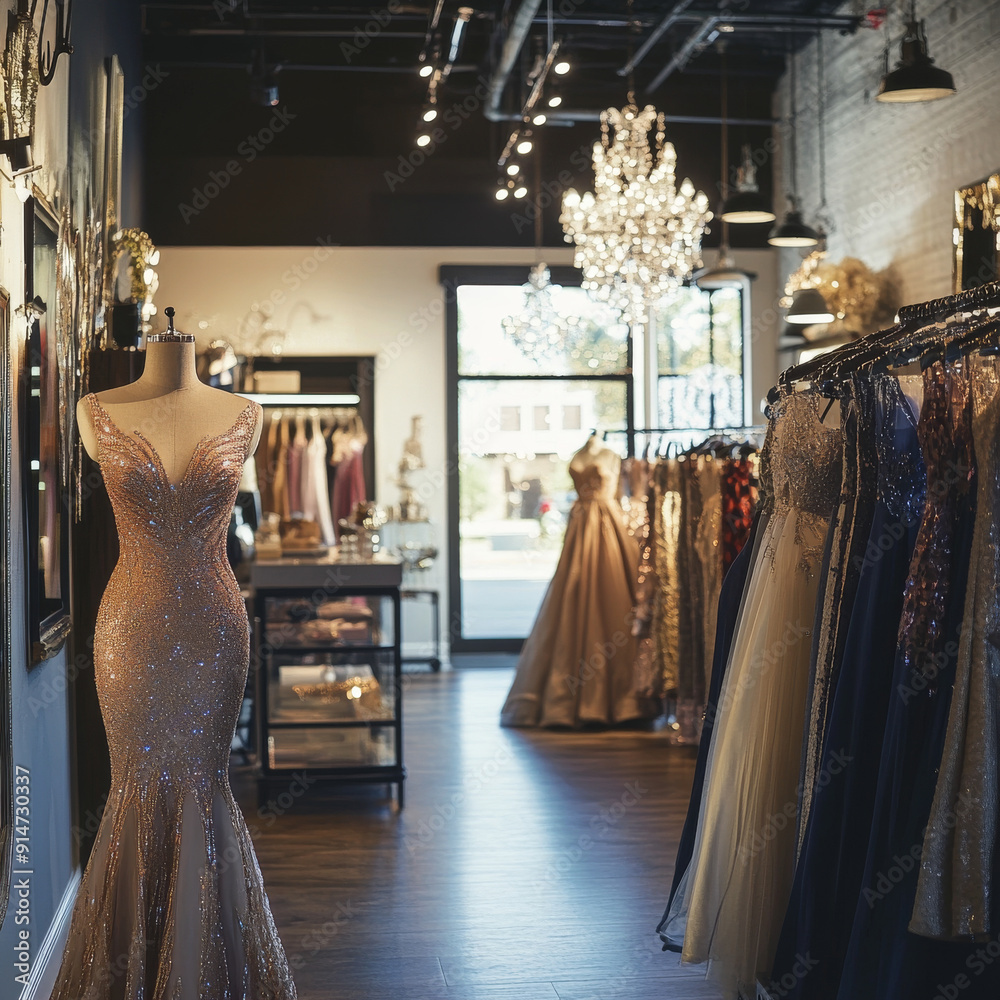 Wall mural a dress shop with a long dress on display