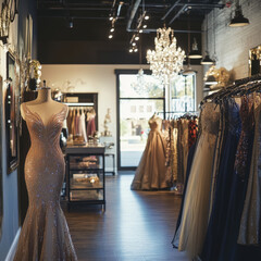 a dress shop with a long dress on display