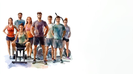 Obraz premium Brown watercolor painting of A group of sports person exercise at gym