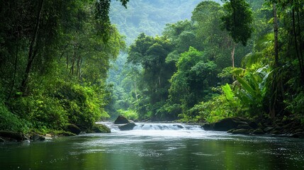 A serene river flowing through a dense, green forest