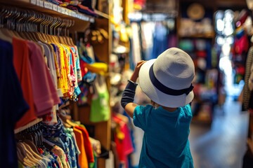 a little boy in a hat looking at a shirt