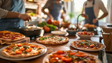 Picture a lively kitchen during a family gathering. Multiple pizzas are being prepared and baked, with laughter and conversation filling the air, creating a warm and joyful atmosphere.