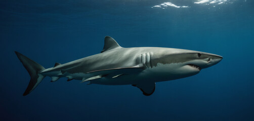 Naklejka premium Majestic Blue Shark in Deep Water - Stunning Cinematic Shot with Sony FX3 27-70mm ,Quality Enhanced With AI