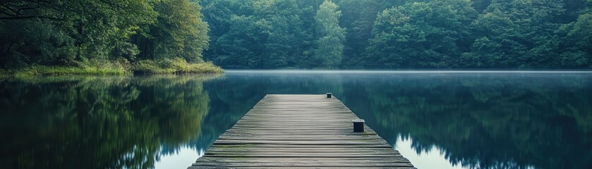 Naklejka premium A tranquil forest lake with a wooden pier extending into the calm water