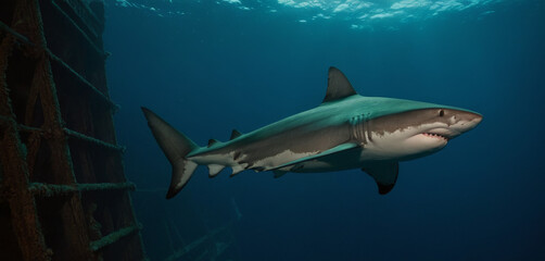 Fototapeta premium Majestic Blue Shark in Deep Water - Stunning Cinematic Shot with Sony FX3 27-70mm ,Quality Enhanced With AI