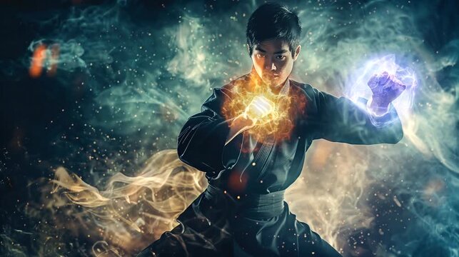 Martial artist in a dynamic stance, channeling an energy blast with mystical smoke in a dark environment. Seamless loop video background