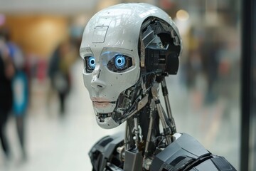 Skeletal humanoid robot with exposed mechanical components in a bustling public setting showcasing the contrast between advanced robotics and everyday life in a modern environment