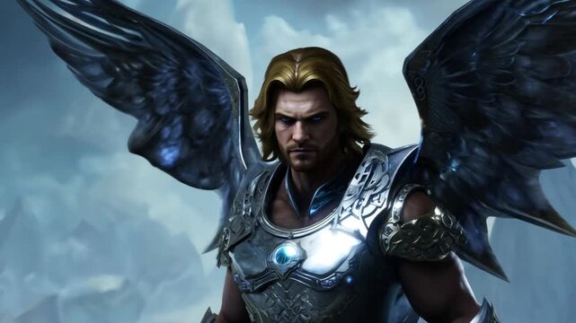 A winged warrior with blond hair and serious expression, clad in silver armor with a blue gem, stands with his wings spread in front of a cloudy mountain landscape.