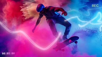 A skateboarder with vibrant color explosion and digital waves. Seamless loop video background - Powered by Adobe