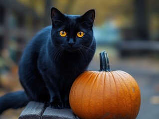 A black cat with bright yellow eyes sits beside an orange pumpkin on a wooden surface.