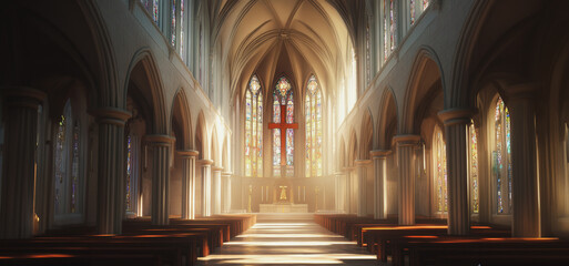 Obraz premium Sunlight Streaming Through Stained Glass Illuminates Historic Church Interior During Morning Service