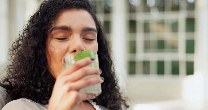 Woman, relax and mojito at hotel pool for holiday, happy and smile with glass, alcohol and laptop. Girl, break and gin cocktail at luxury resort for vacation, wellness and travel with tech in Bali