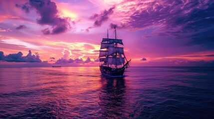 Obraz premium A ship is sailing in the ocean in shades of purple and pink.
