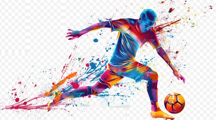 Abstract football player hits the ball with paint splashes Isolated on a white or transparent background.