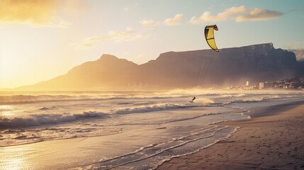 Obraz premium Kiteboarding at Sunset with Table Mountain in the Background