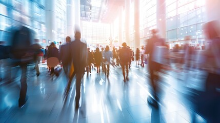 
Blurry image of business people walking at a trade show, conference or inside a contemporary hall.