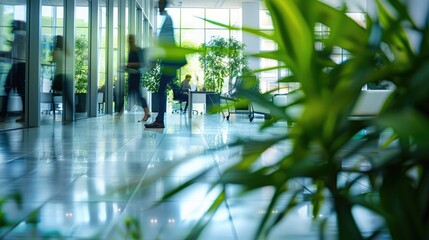 Businessmen run around in the spacious hall and meet at tables. The background of the interior office space is blurred.
