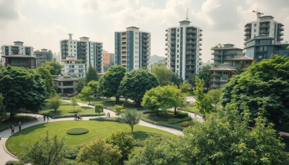 Fototapeta premium Modern Apartment Buildings with Lush Greenery and Winding Walkways.