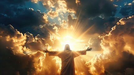 Jesus stood with outstretched arms. revealing a bright light in the sky above creating a powerful atmosphere