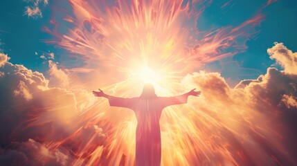 Jesus stood with outstretched arms. revealing a bright light in the sky above creating a powerful atmosphere