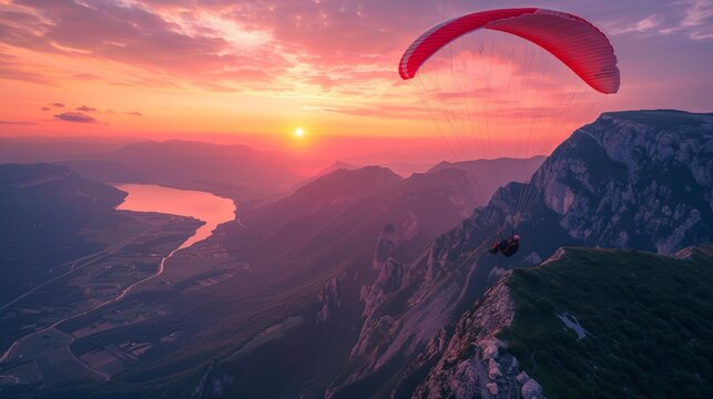 Paraglider flying over a mountain landscape at sunset