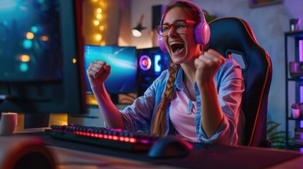 Fototapeta premium Photograph of a cute and happy female software developer sitting in an armchair in a comfortable workspace.