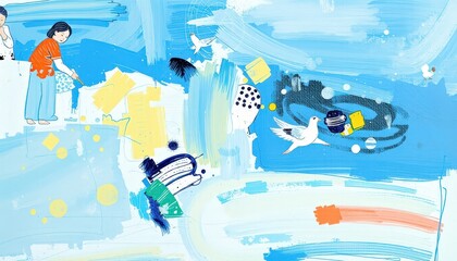 Abstract Painting with Blue and Yellow Hues.