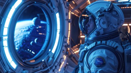 Astronauts looking at a large illuminator and inside a spaceship