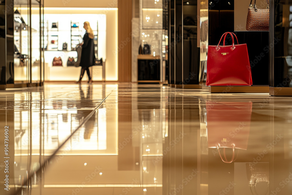 Wall mural a woman walking down a hallway with a red bag