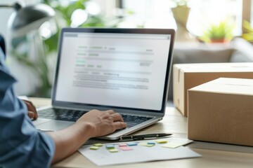 Hands Typing on Laptop with Cardboard Boxes in Background.