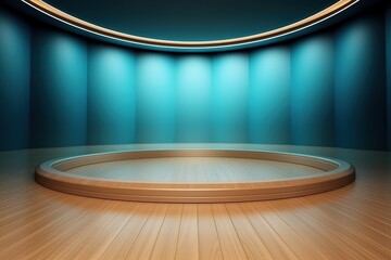 Circular wooden platform in a blue room.