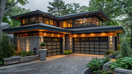 Fototapeta premium Luxury modern house with large windows and greenery