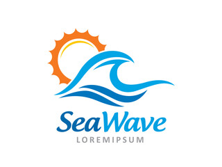 Sea wave and sun logo symbol or icon template