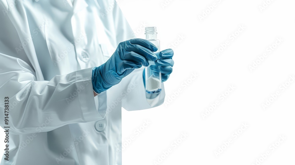 Poster An isolated image of a doctor wearing a lab coat and gloves, holding a vial of medicine. The clear background and professional attire emphasize their role in treatment and patient care.