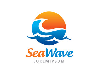 Sea wave and sun logo symbol or icon template