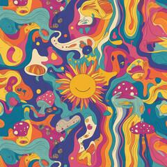 Naklejka premium Colourful Daisy Groovy Journey Seamless Pattern Collection Digital Download