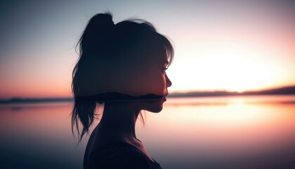 Fototapeta premium Woman Silhouette with Sunset Landscape Double Exposure.