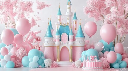 Whimsical 3D Render of Pastel Pink and Blue Princess Castle Birthday Setup with Balloons and Flowers