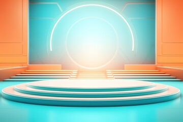 Fototapeta premium Abstract Minimalist Display Stand with Circular Platform and Orange and Turquoise Walls.